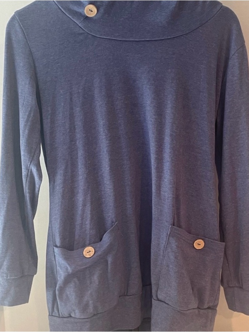 Women’s Blue Cowl Neck Tunic Top Size M Long Sleeve Casual Pocket Sweater Shirt